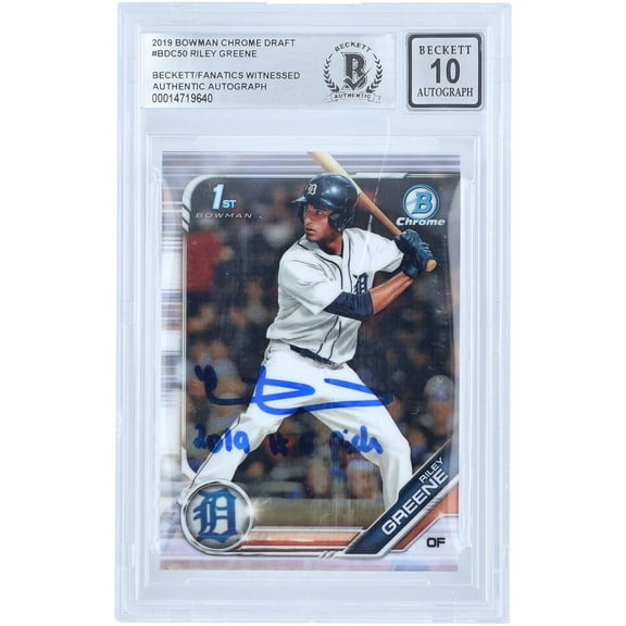 Riley Greene Detroit Tigers Autographed 2019 Bowman Draft Chrome MLB 1 1st Bowman #BDC-50 Beckett Fanatics Witnessed Authenticated 10 Card with "2019 #5 Pick" Inscription - Fanatics Authentic