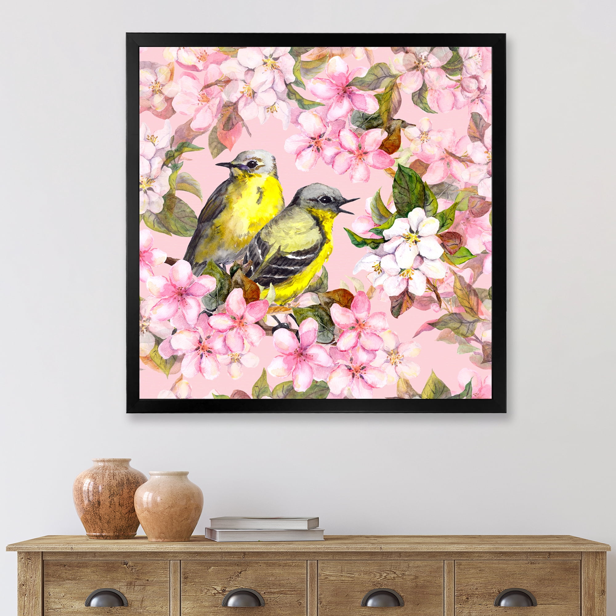 Designart 'Birds On Pink Cherry Sakura and Apple Flowers I' Traditional Framed Art Print
