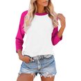 thumbnail image 2 of Plebaso Chemises à Manches 3/4 pour Femmes, Blouses Décontractées à Col Rond, T-Shirts Amples à Blocs de Couleur et Patchwork, 2 of 7