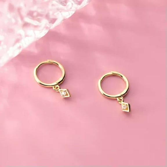 EOEMY 925 Sterling Silver Huggie Hoop Cz Prismatic Charm Drop Earrings A4071-Gold