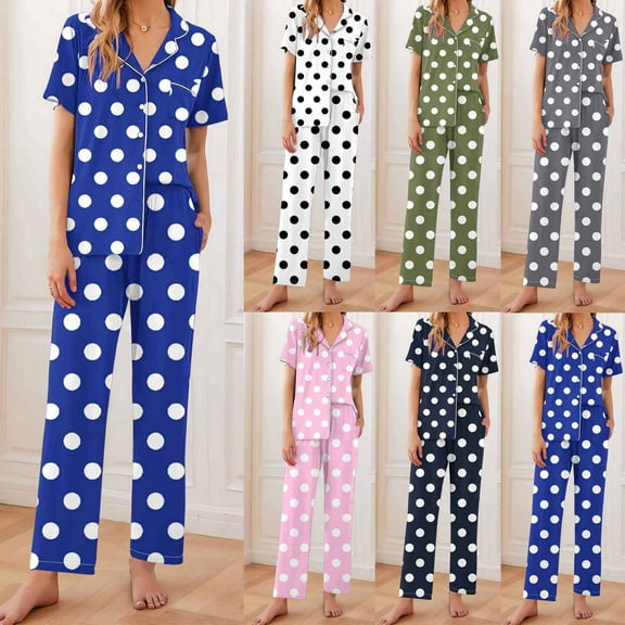 QLEICOM Womens Pajama Sets,Pajamas for Women Set,Women's Short Sleeve Print Pajama Sets with Pockets Casual V Neck 2 Piece Lounge Sets