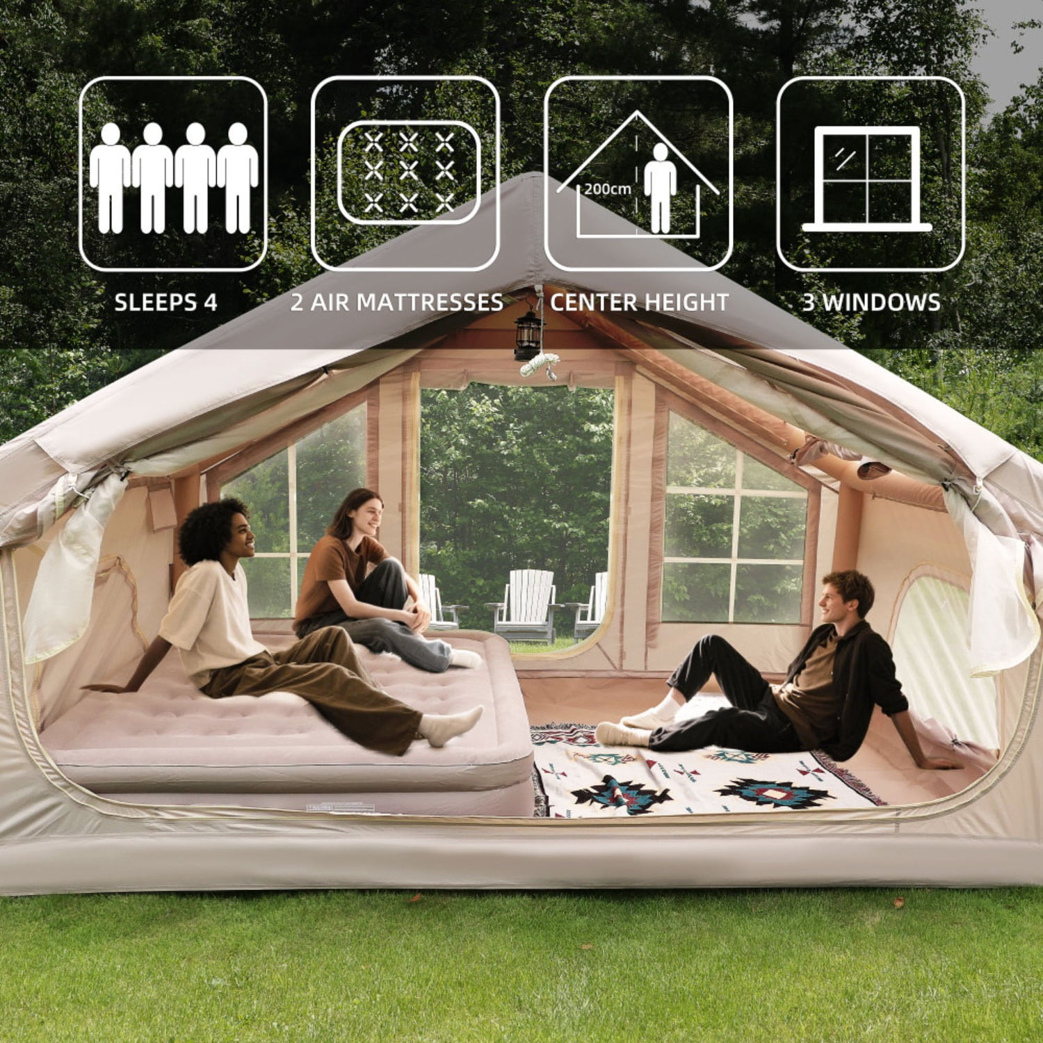 Inflatable Camping Tents with Hand Pump, Air Glamping Tents, Easy Setup Waterproof and Windproof Blow up Tent, 4 Seasons Oxford Cabin Tent with Mesh & Chimney Window.