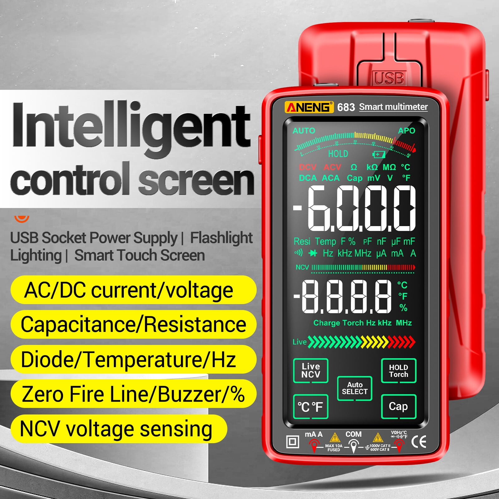 ANENG 683 6000 Counts Large Touch Screen Digital Multimeter Smart Anti-burn Rechargeable Universal Meter VA Reverse Display NCV Tester with Flashlight for Voltage Current Resistance Capacitance