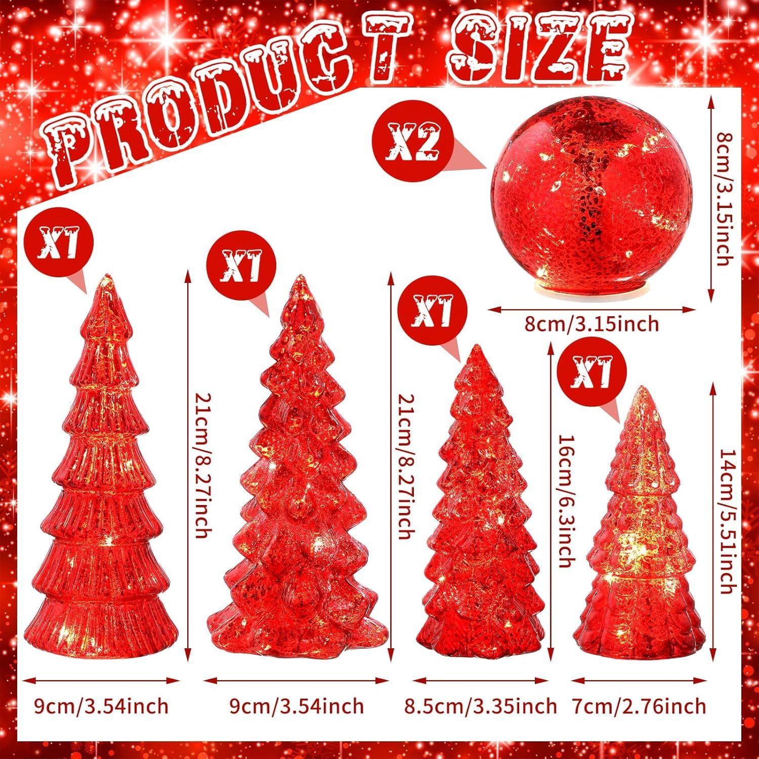 6 Pcs Mercury Glass Christmas Tree for Tabletop Light up Figurine Christmas Tree Mercury Cracked Glass Globe with Light for Xmas Decor Home Party Centerpiece Mantel Gift