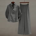 thumbnail image 5 of yardsong Women's Two Piece Linen Set Batwing Sleeve V Neck Button Shirts and Wide Leg Pants Set Summer Beach Vacation Outfit Gray,L, 5 of 9