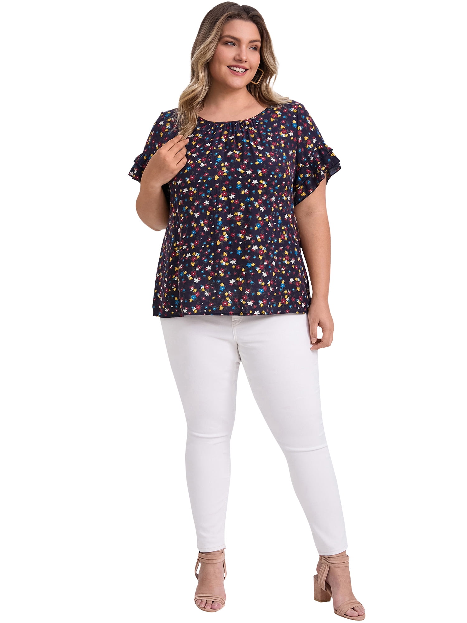 DARING DIVA Women's Plus Floral Print Ruffles Blouse 2X Dark Blue