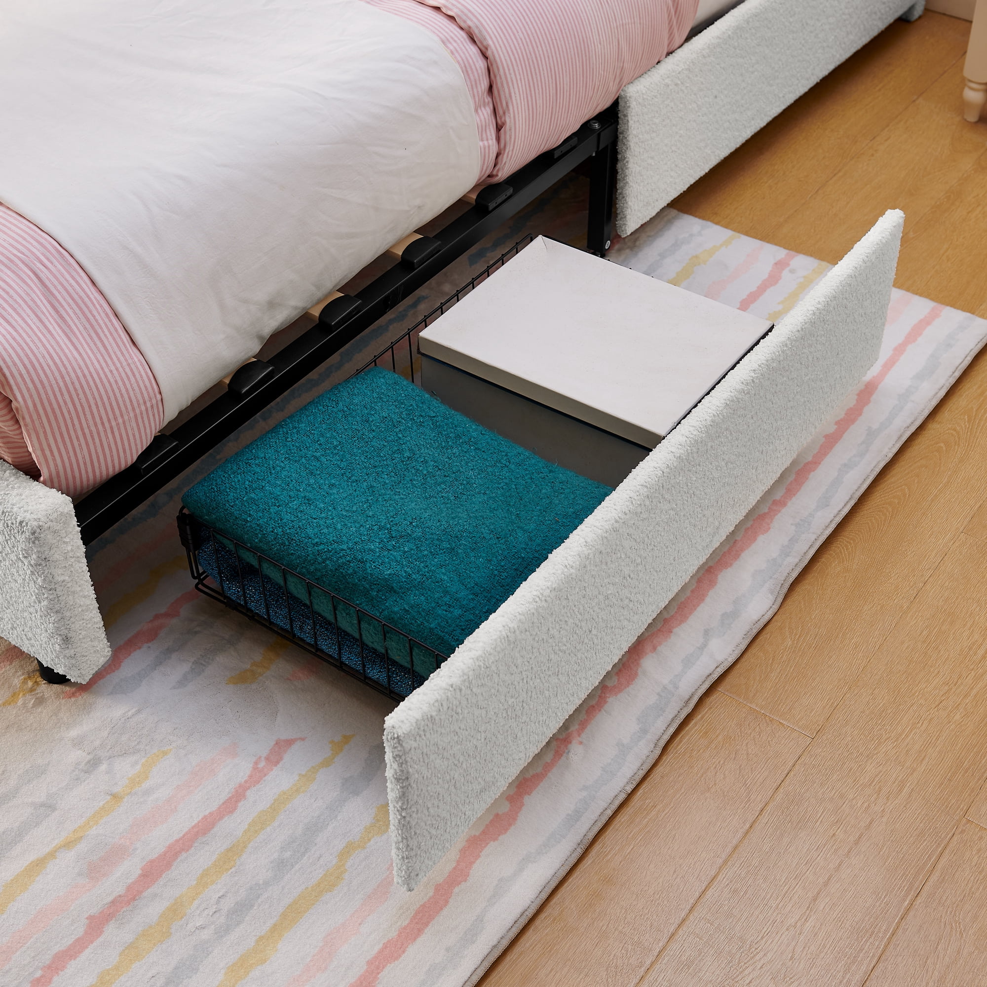 Avobird Queen Size Kids Upholstered Bed with Oversized Rabbit Ear Headboard, LED Light & 4 Storage Drawers, Boucle Fabric, Pink