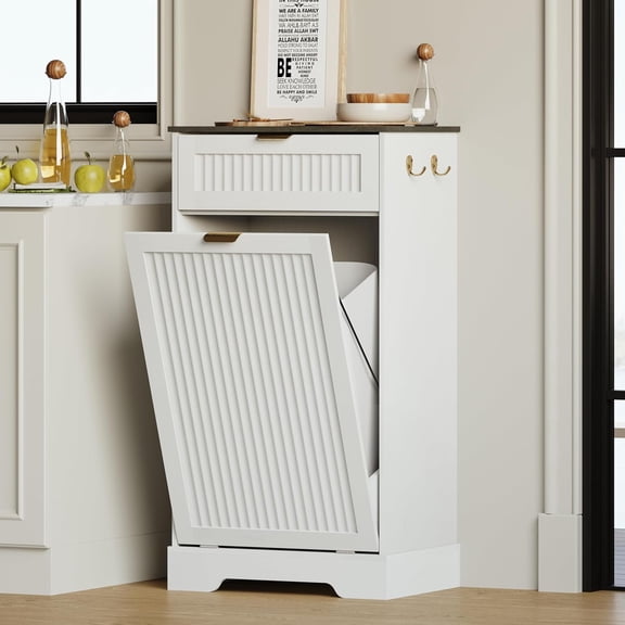 White Tilt Out Trash Can Cabinet 13 Gallon Capacity, Fluted Wood Recycling Bin Holder with Drawers and Hooks for Kitchen Laundry Room Living Area