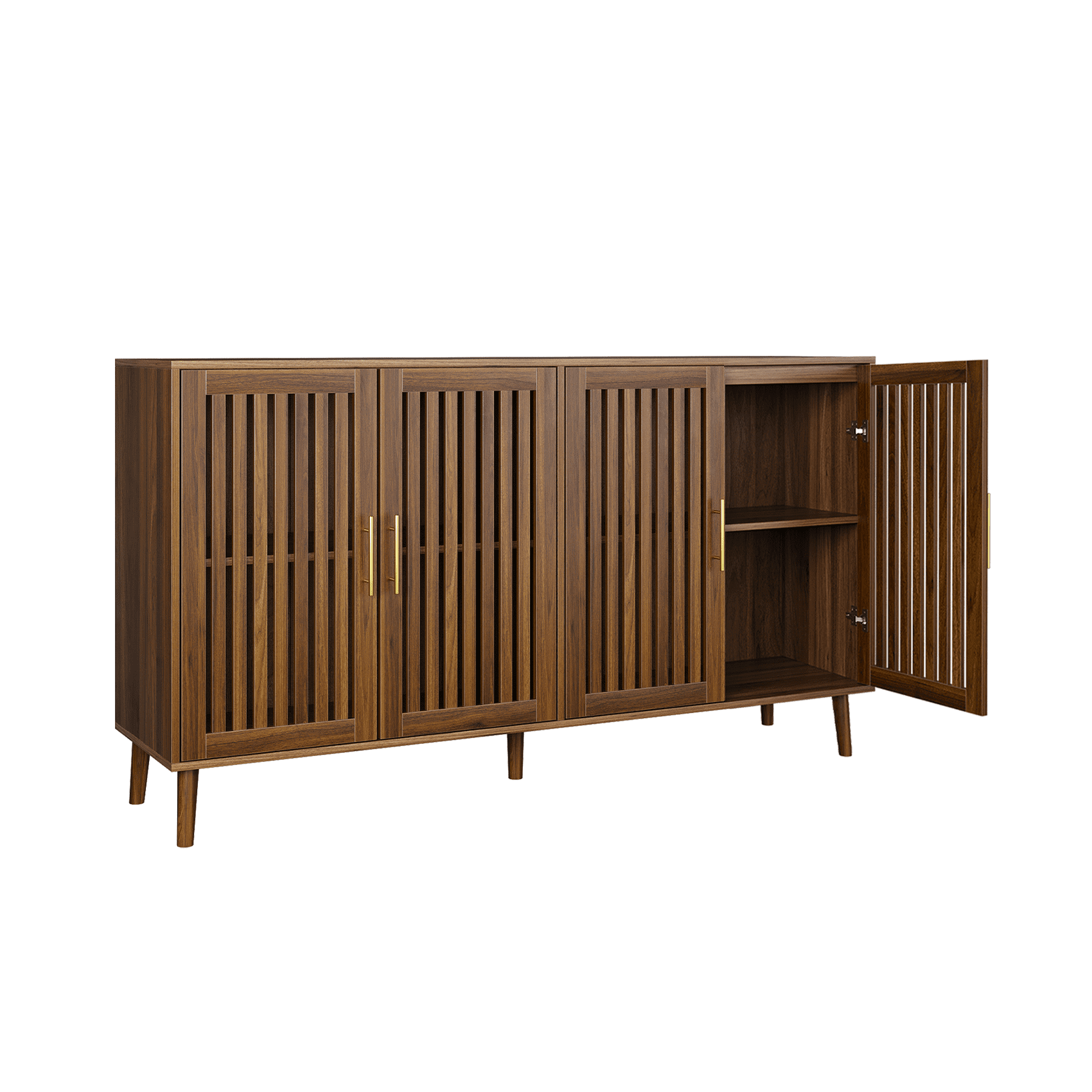 63 inch Walnut Sideboard Buffet Cabinet With Storage, Grille-Striped 4 Doors Sideboard, Multifunctional Accent Cabinet for Dining Room, Living Room, Entryway, Kitchen