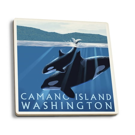 

Camano Island Washington Orca and Calf (Absorbent Ceramic Coasters Set of 4 Matching Images Cork Back Kitchen Table Decor)