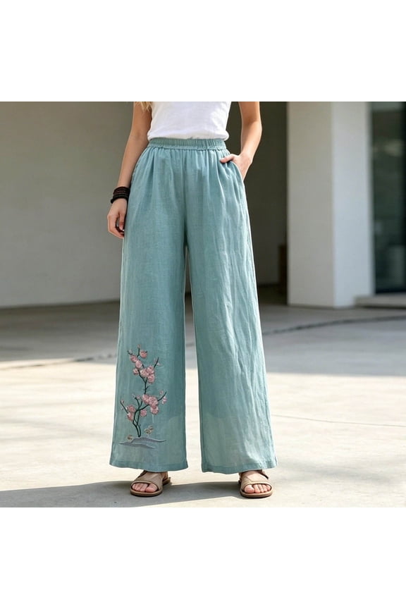 Wide Leg Pants for Women Floral Embroidered Lounge Pant Elastic Waist Summer Beach Vacation Straight Slacks, 2026 New Limited-time Off