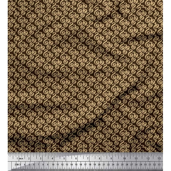 Soimoi Brown Cotton Voile Fabric Spiral & Stripe Geometric Printed Fabric 1 Yard 42 Inch Wide