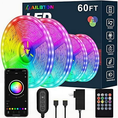 Led Strip Lights,60Ft Led Light Strip Music Sync Color Changing Rgb Led Strip Built-In Mic,Bluetooth App Control Led Tape Lights With Remote,5050 Rgb Rope Light Strips