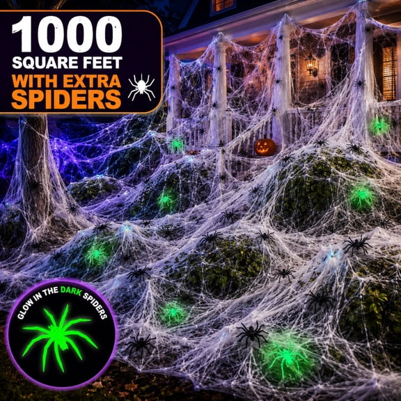 JoyX Halloween Spider Web Decorations, 1000 Sq Ft Stretch Cobweb, 60 Spiders, 30 Glow