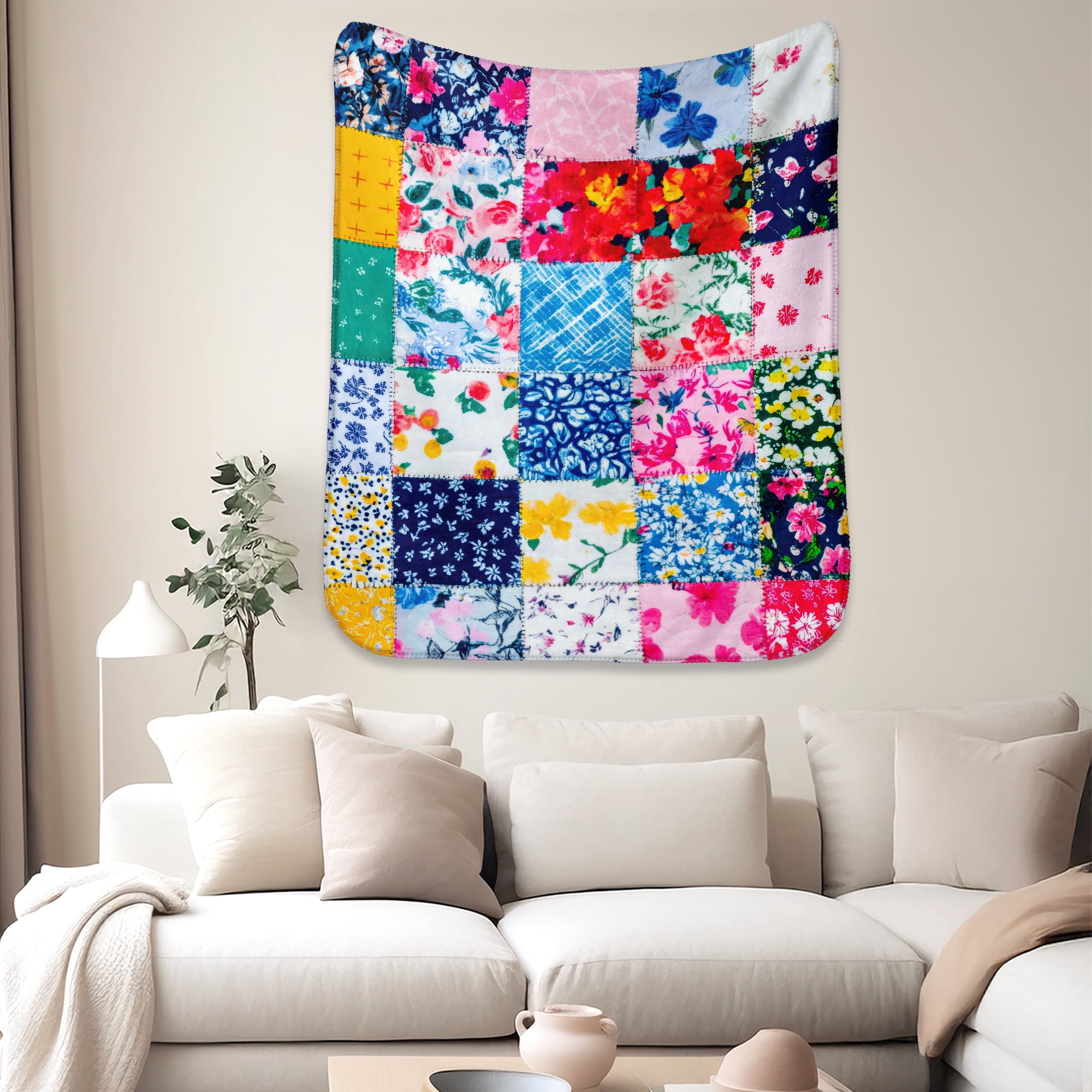 Sherpa Fleece Throw Blanket 50"x60" Reversible Plush Fluffy Blanket, Double-Layer Super Soft Flannel Blanket for Sofa, Couch, Bed, Patchwork Floral Pattern