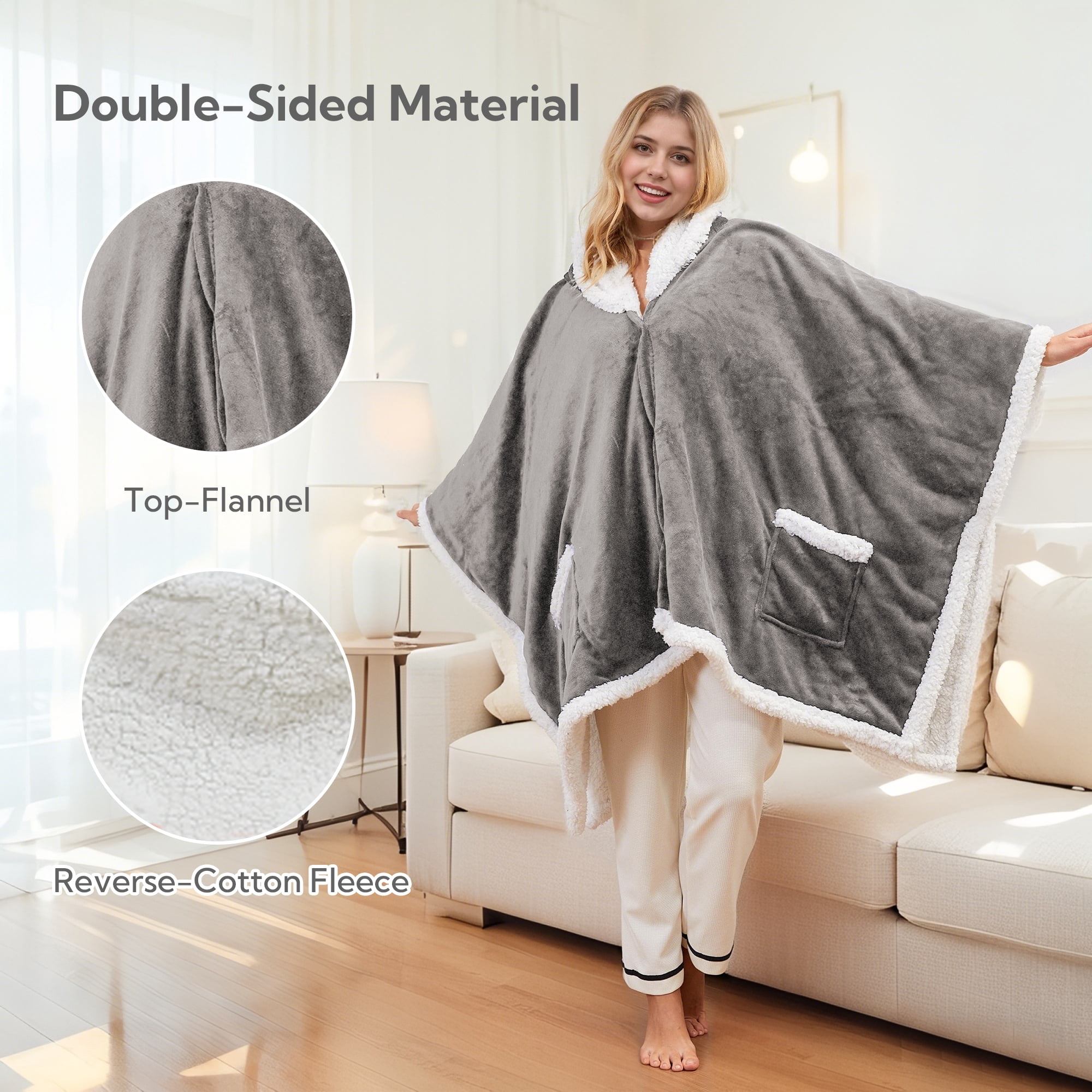 SUNNY HEAT Heated Electric Wearable Throw Blanket with Hood Pockets, 56"x63", Soft Flannel & Sherpa, 3H Auto Shut Off, Machine Washable, Light grey