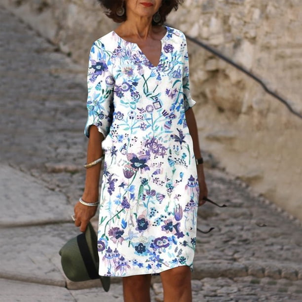 Puntoco Vestido De Manga Corta Con Cuello En V, Vestido Hasta La Rodilla Con Cuello En V Y Manga Corta Estampado Informal De Verano Para Mujer Blanco S