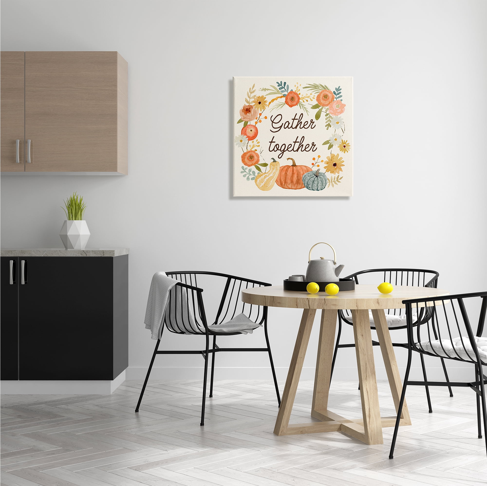 Stupell Industries Gather Together Phrase Orange Floral Wreath Pumpkin Gourd Inspirational Painting Gallery Wrapped Canvas Print Wall Art, 24 x 24