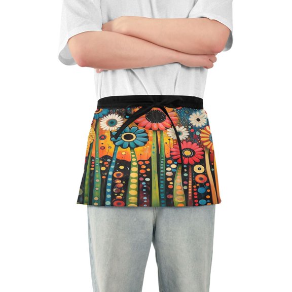 Yayeee Waist Apron with Pockets for Cooking Waterproof Half Server Aprons, Red Colorful Flowers with Dots