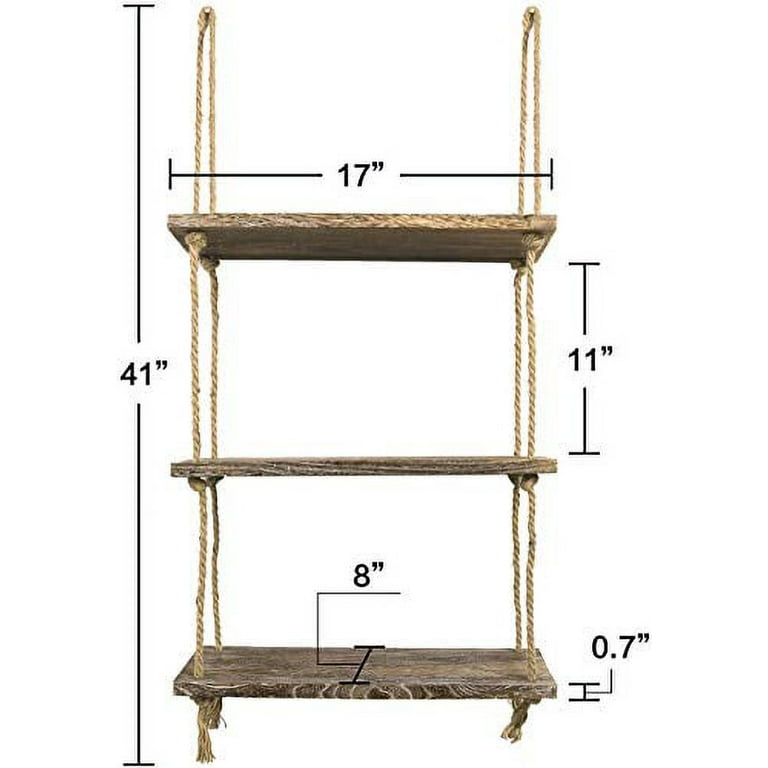 Timeyard decorative wall hanging shelf 3 tier distressed wood 2024 jute rope floating shelves
