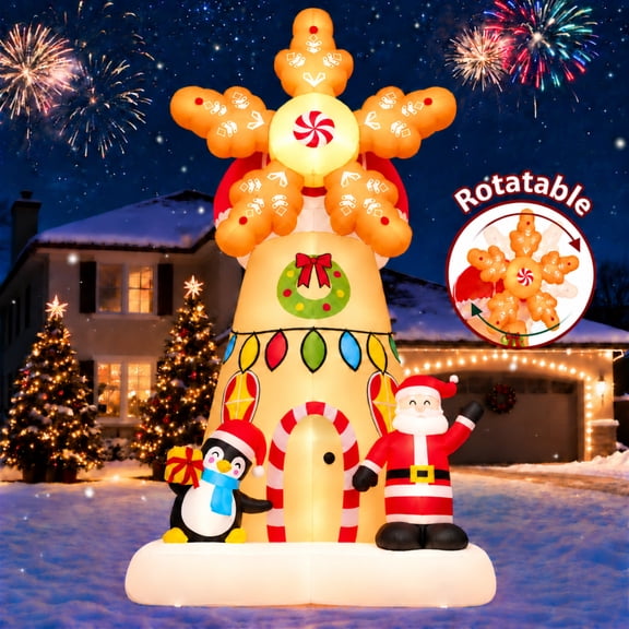 Firstness 7.7ft High Christmas Inflatables Spinning Windmill with LED Lights, Christmas Blow Ups Xmas Outdoor Decoration for Party Yard Garden Lawn