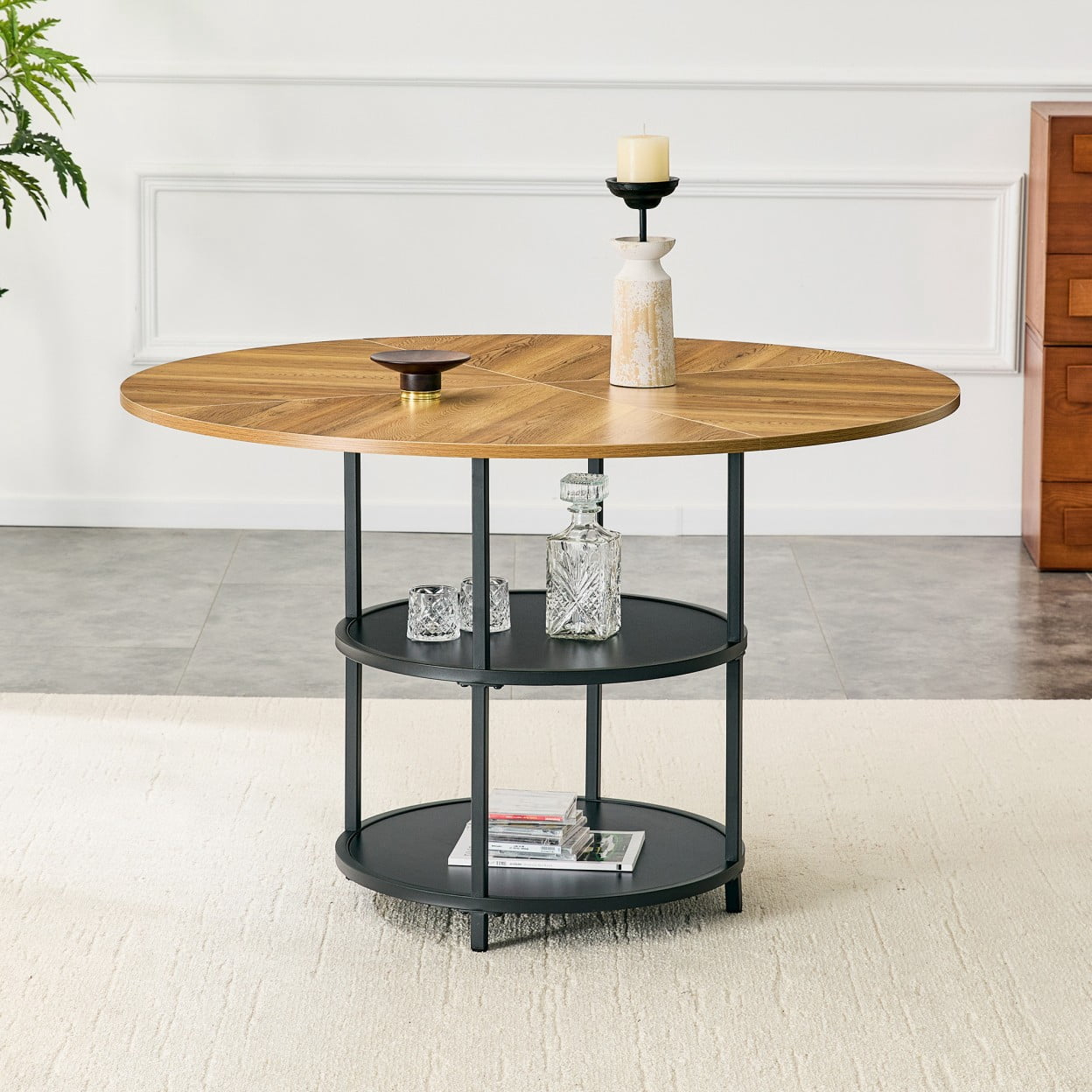 47.3" Round Dining Table for 4-6, Modern Farmhouse Kitchen Table with Double Layer Storage Shelf, Wood MDF Top, Metal Base for Dining Room