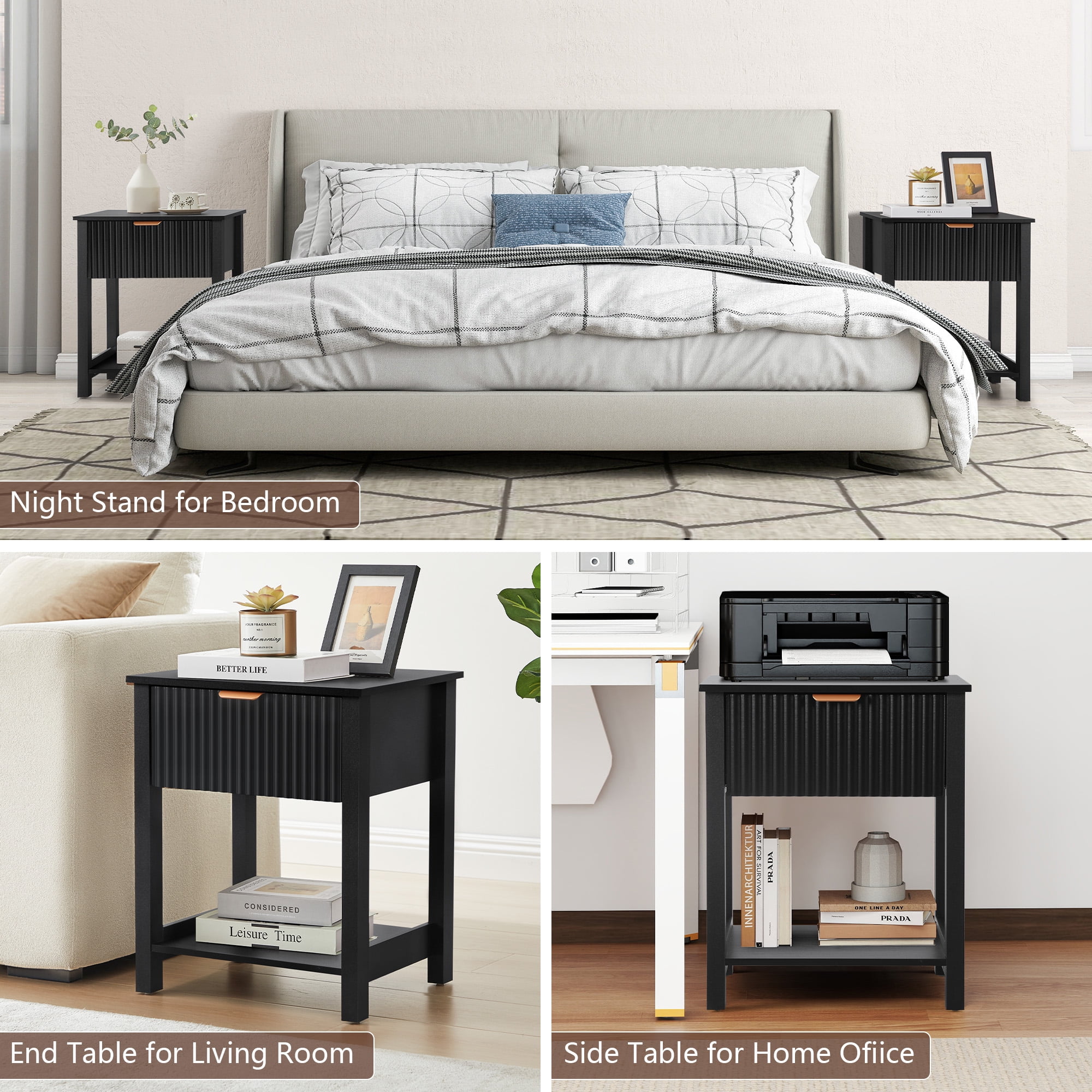 PHOYAL Fluted Nightstand for Bedroom, Wood Bedside Table with Drawers, Black
