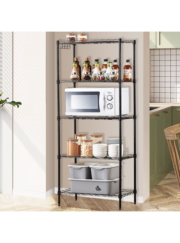 uhomepro Black Metal Shelving Unit, 5-Tier Height Adjustable Kitchen Storage Shelves Wire Shelving Rack for Home Garage Office kitchen