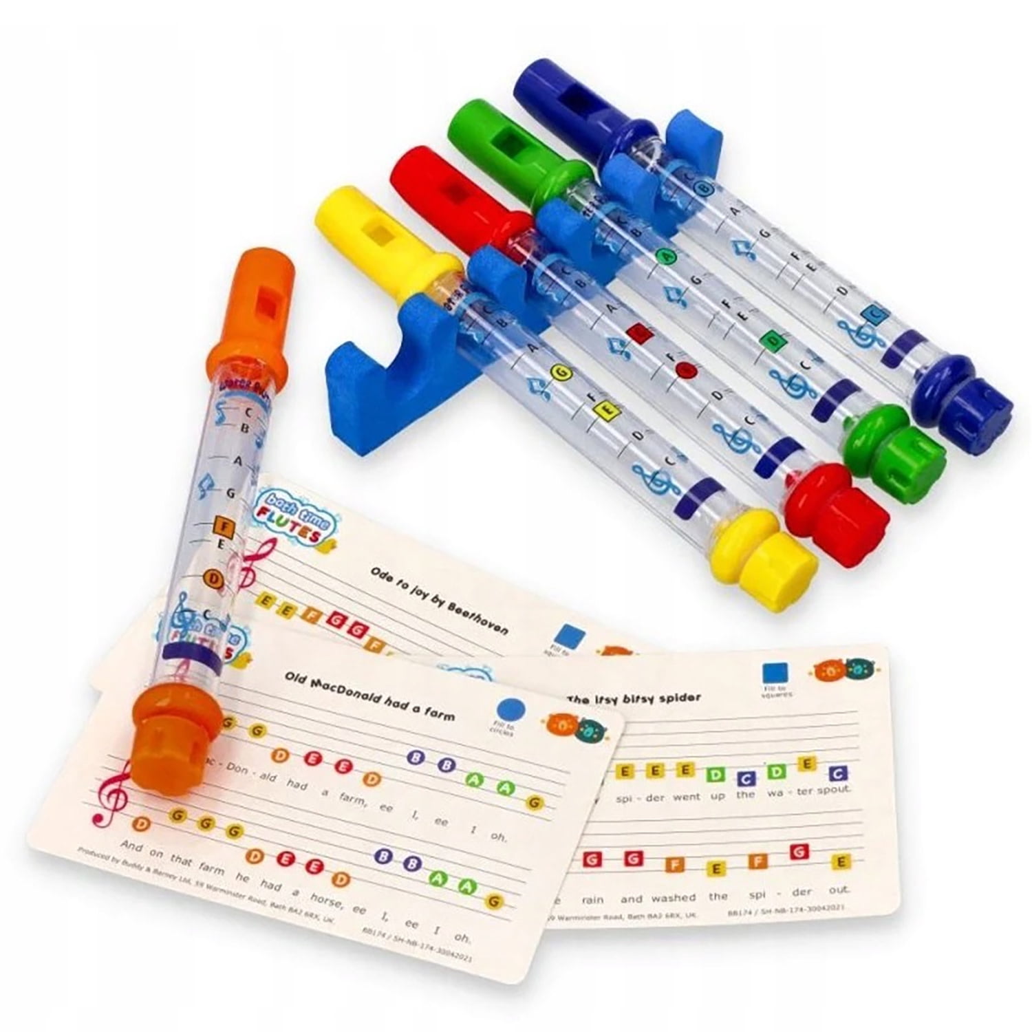 Buddy & Barney: Bath Time Water Flutes - 5 Colorful Toy Musical Instruments, Nursery Rhyme Music Sheets & Foam Holder, Floating Water-Tub Play, Kid 3+