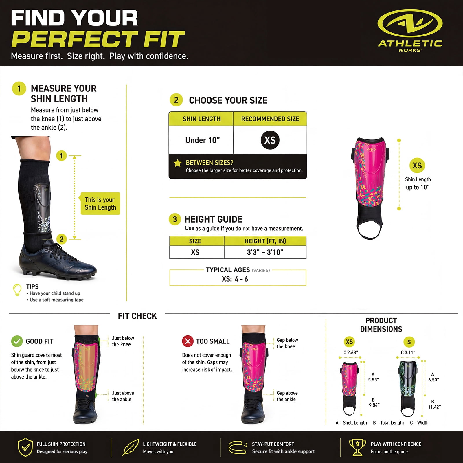 Athletic Works XS Soccer Shin Guards for Kids, Durable PP Shell, Pink/Black