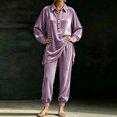 thumbnail image 5 of Szluipve 2 Piece Sets for Women Velvet 2 Piece Outfits Collared Half‑Button Lantern Long Sleeve Top Elastic Cuff Jogger Pants Set Casual Loose Matching Loungewear Suit With Pockets Purple M, 5 of 6