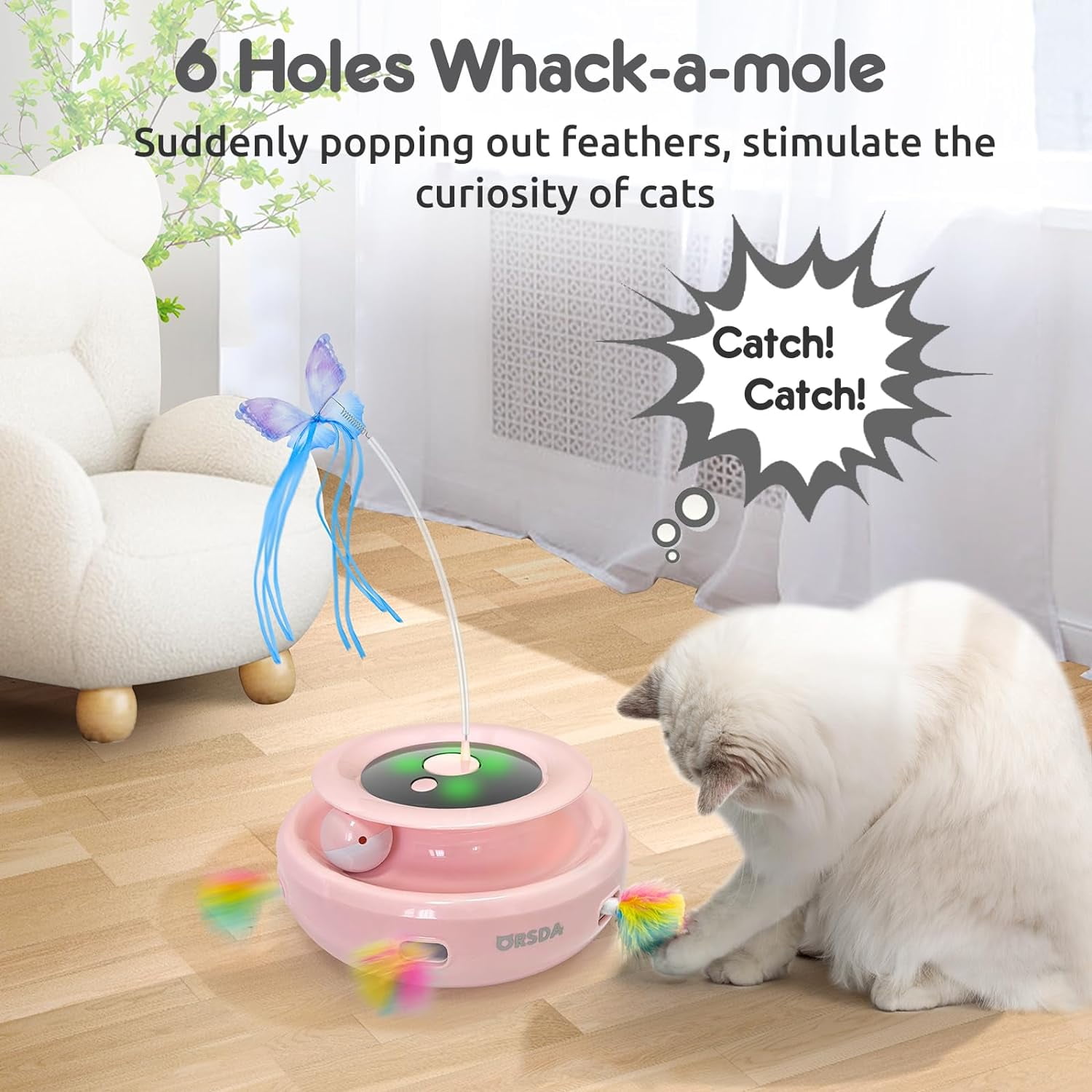 ORSDA 3-in-1 Cat Toys Rechargeable, Interactive Cat Toys for Indoor Cats Automatic Kitten Toy, Moving Ambush Feather, Fluttering Butterfly Toy, Track Balls, Whack a mole Cat Teaser with 11 Attachments