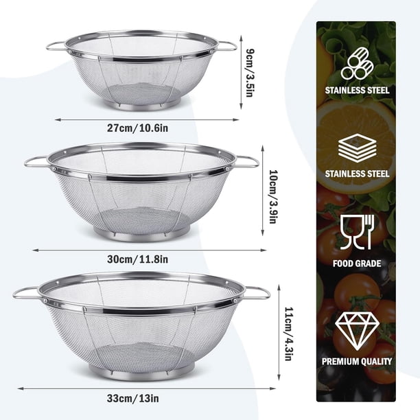 Colador de malla de acero inoxidable con asa y base de apoyo | Colador de cocina de malla fina para escurrir pasta, enjuagar verduras y escurrir alimentos