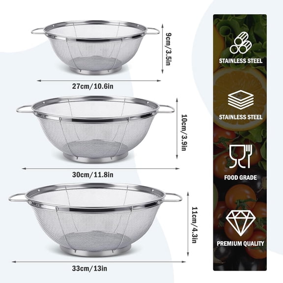 Conbo 3 Piece Stainless Steel Mesh Filter Basket Set With Handle And Rest Base, Fine Strainer For Pasta, Vegetables, Frying, Rinsing, Nesting Storage, Durable, Easy Clean, Kitchen Essential