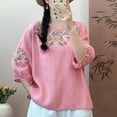 thumbnail image 2 of Dazajoo Linen Shirts for Women 2025 Summer Retro Embroidered Tops Loose 3/4 Sleeve Boho Tops Dressy Casual Cotton Blouses,Hot Pink,M, 2 of 4