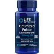 (4 pack) Life Extension Optimized Folate L-Methylfolate 1700 Mcg DFE, Folic Acid Supplement, Cognitive Health, Cardiovascular Health, 100 Vegetarian Tablets