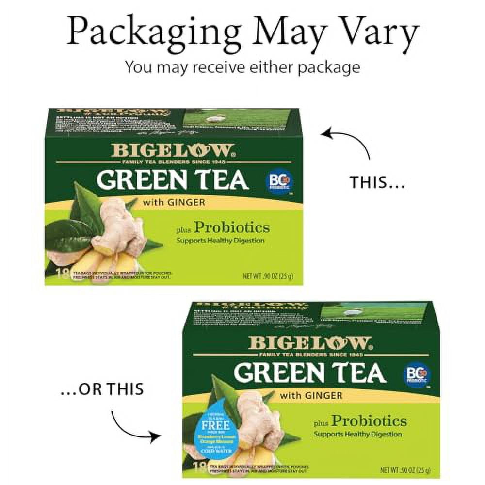 Bigelow Tea Green Tea with Ginger Plus Probiotics, Caffeinated, 18 Count, (Pack of 6), 108 Total Tea Bags