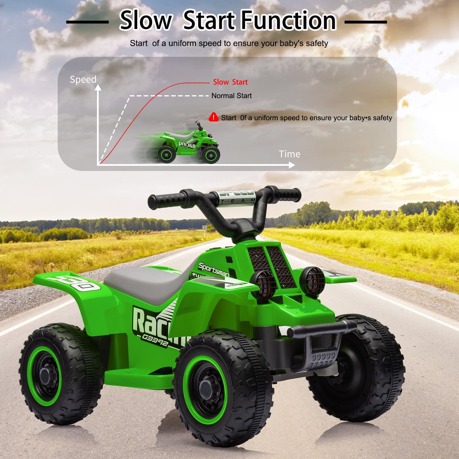 Accreate Kids Ride On ATV, 6V Ride On Car with Led Headlights, Music, Treaded Tires, Rubber Handles, Push-Button Accelerator, forward & Reverse