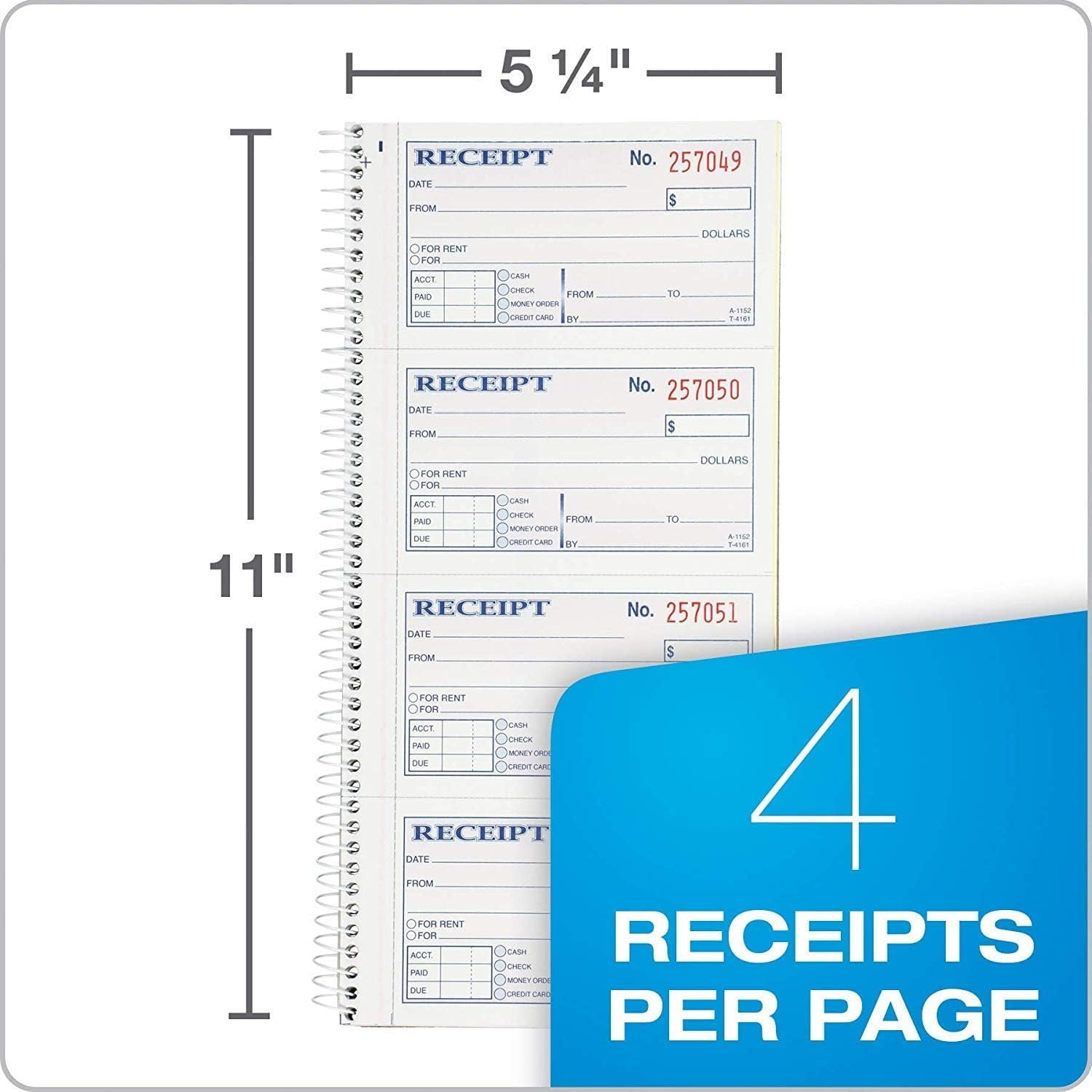 Adams Money and Rent Receipt Book, 2-Part Carbonless, 5-1/4" x 11", Spiral Bound, 200 Sets per Book, 4 Receipts per Page, Sold as 5 Pack, 1000 Sets Total SC1152