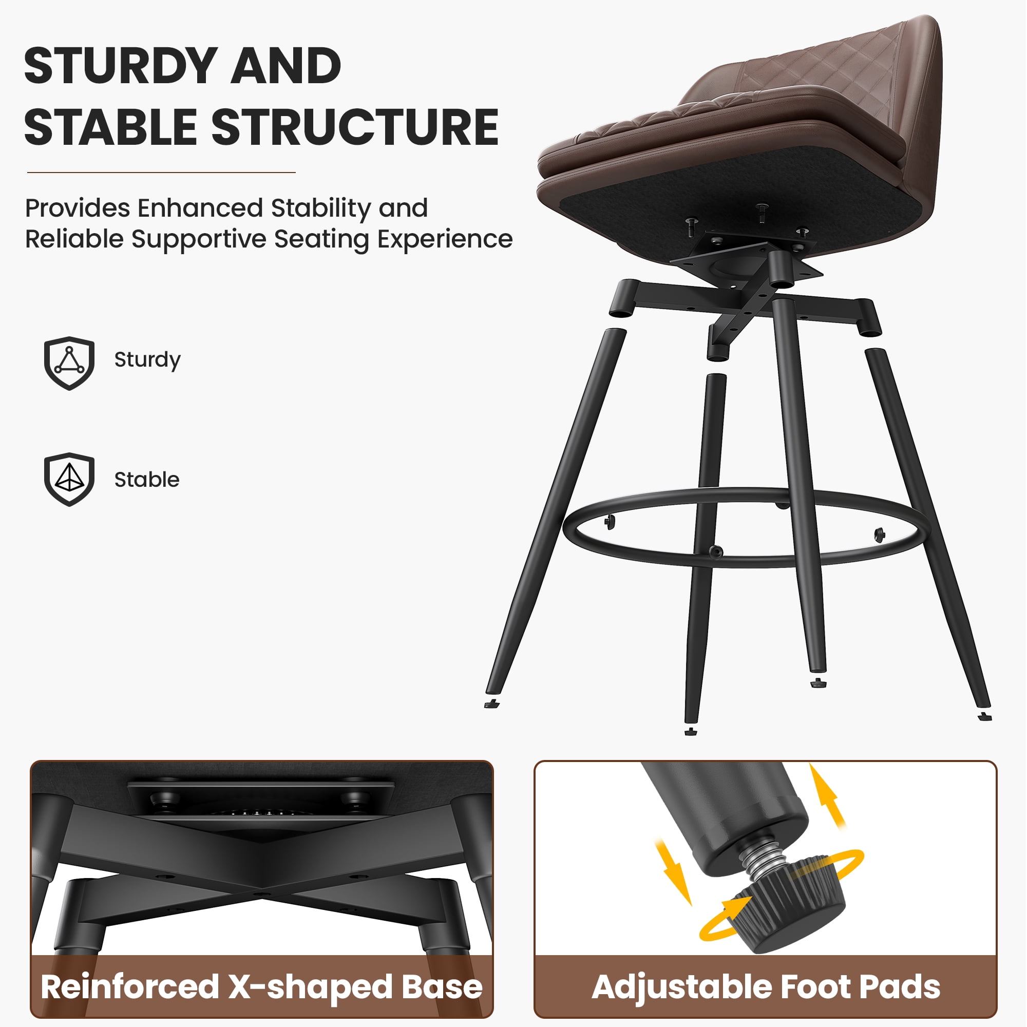 LainTene Swivel Bar Chairs Set of 6, 26-Inch Counter Height Stools with Faux Leather Seats, Footrest & Backrest – Ideal for Kitchen Island or Bar