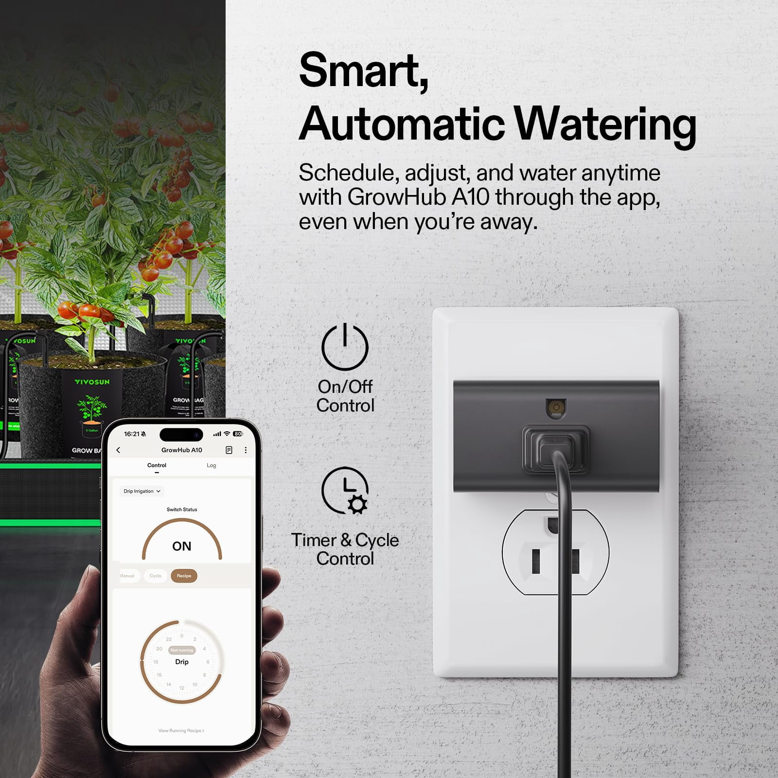 Automatic Drip Irrigation Kit Smart Watering System with 16/8/4 Drip Emitters, 4mm Fast Flow, App-Controlled A10 GrowHub, Quiet 15W Pump, Anti-Siphon & Filtered for Indoor & Outdoor Plants