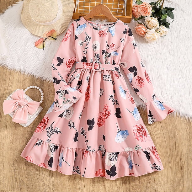 Rovga Girls Summer Dresses Girls Long Sleeve Floral Prints Fall And Winter  Dance Party Dresses Clothes Red Cute Girls Clothes 9-10 Years