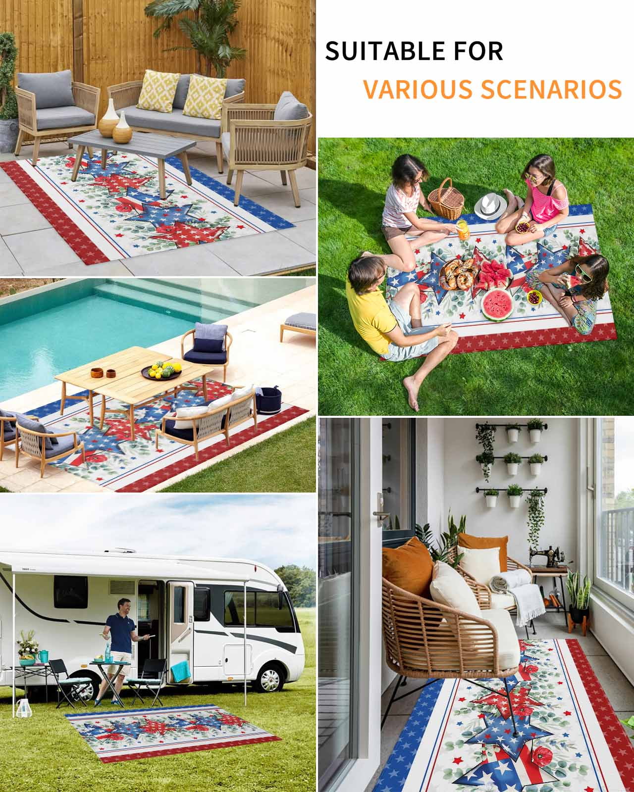 Outdoor Rug 6x9 ft Red White Blue Patriotic Stars Waterproof Outdoor Patio Rug Mat Non Slip Outside Area Rugs Carpet for RV,Camping,Porch,Deck,Pool,Balconybackyard,Eucalyptus Leaves Poppy