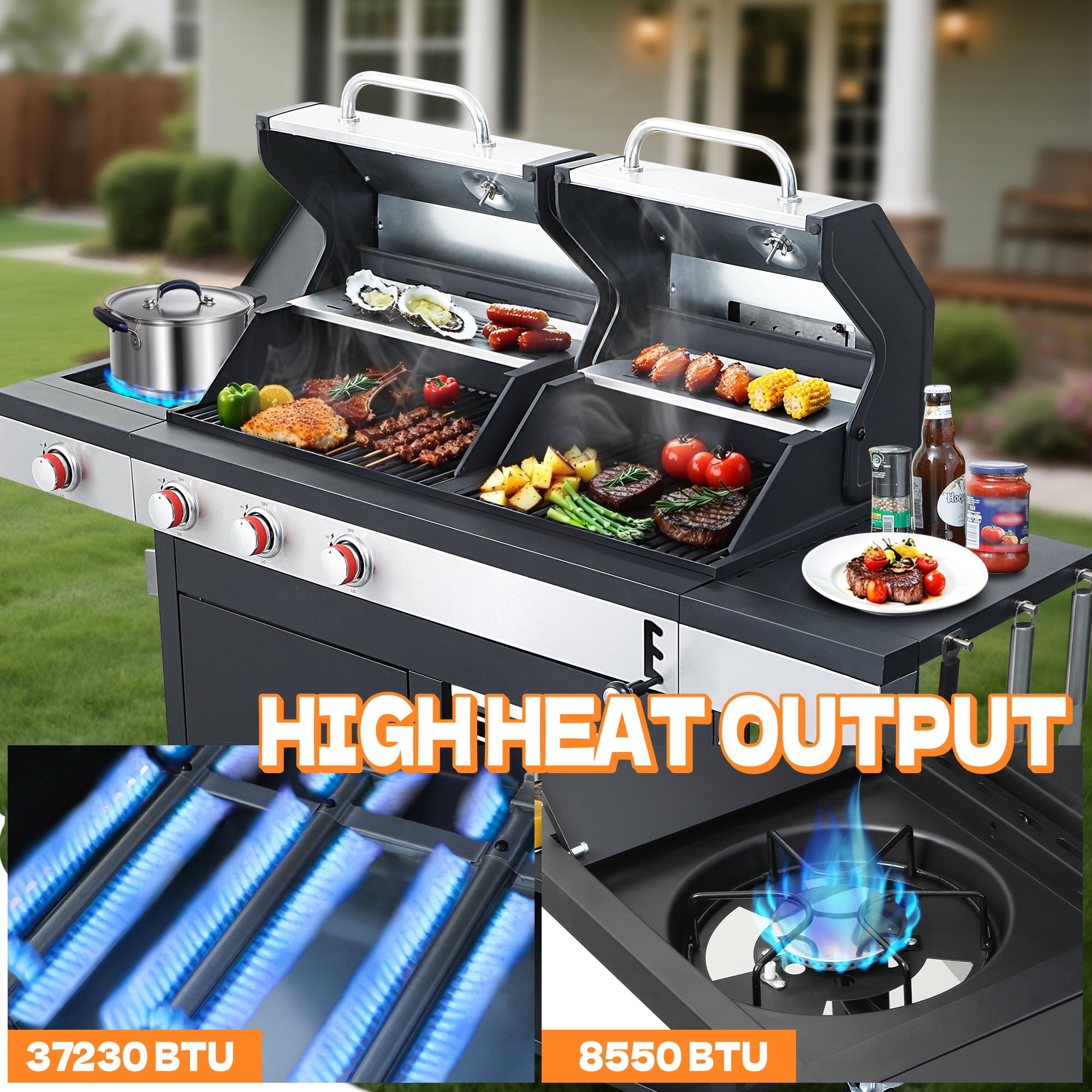3-Burner Propane & Charcoal Combo Grill with Side Burner - 37,230 BTU Outdoor BBQ - Ceramic Cast Iron Grates & Stainless Steel Warming Rack - Backyard Barbecue