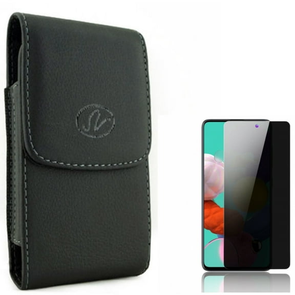 Privacy Screen Protector & Case Belt Clip for Samsung Galaxy A51 5G - Combo with Tempered Glass Anti-Spy Anti-Peep 3D Edge & Leather Holster Cover Pouch