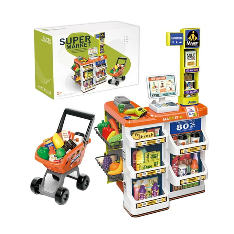 Supermarket Playset for Kids, Cash Register, Play Food 60 Pieces