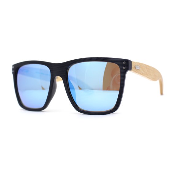 Eco Friendly Bamboo Wood Arm Large Horn Rim Hipster Sunglasses Black - Blue Mirror