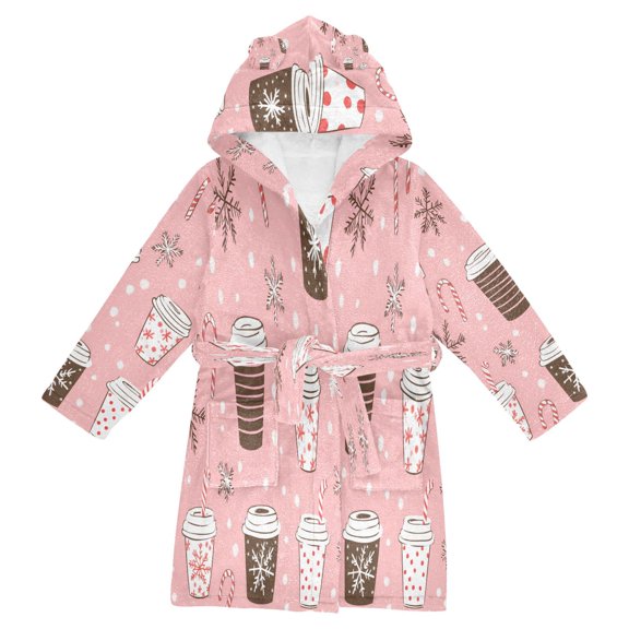 FORMRS Niños Bathrobe Unisex Hooded Robe Soft Plush Pajamas Sleepwear, Size 2-3T, Brown Hand Drawn Cups