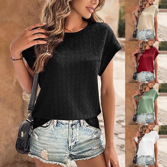 ZyeKqe Summer Tops for Women 2025 Cap Sleeve T Shirts Round Neck Loose Fitted Blouses Top