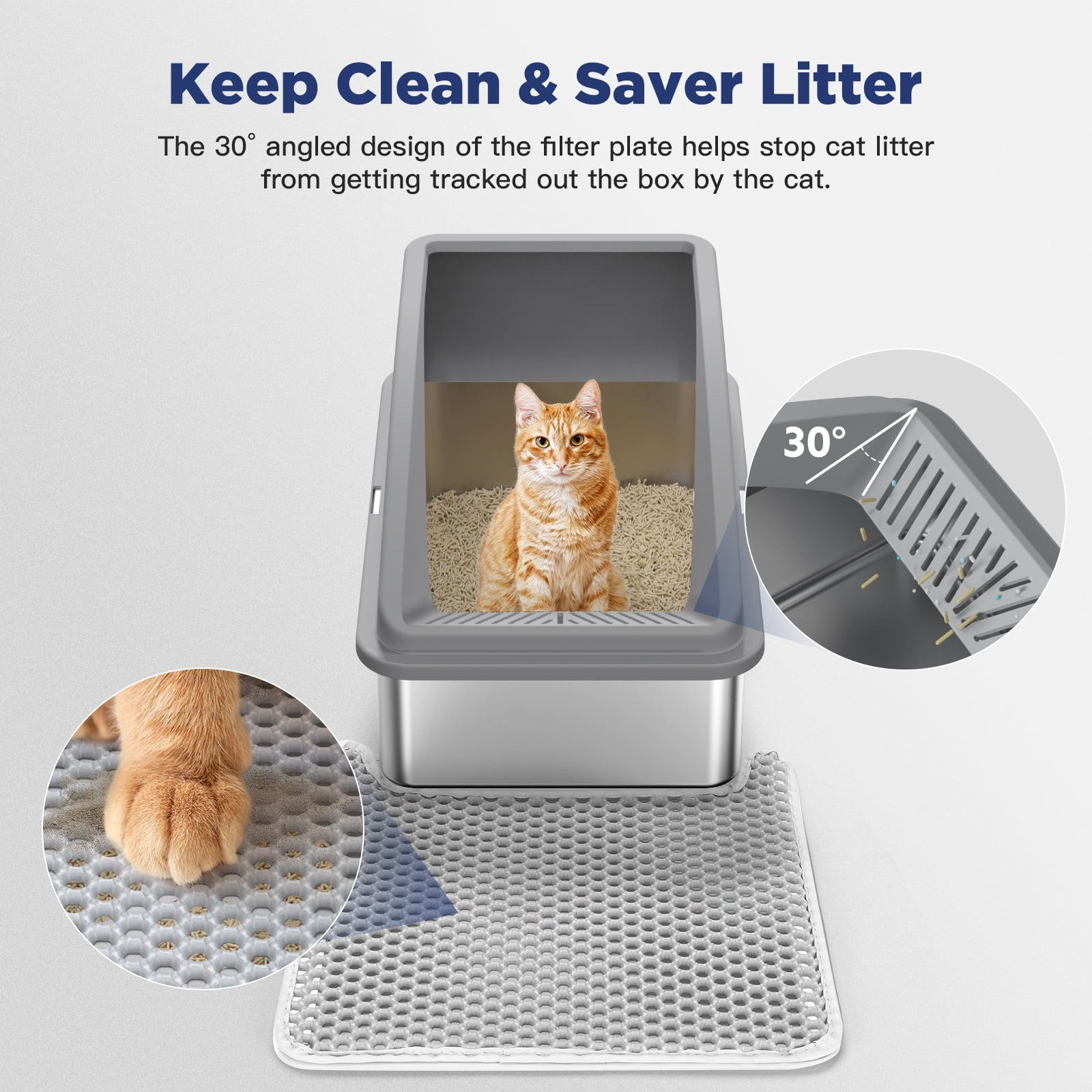 Extra Large Stainless Steel Cat Litter Box, XL Litter Boxes for Big Cats & Multiple Cats, Metal Litter Box with High Sides & Metal Scoop/Mat, Easy to Clean, Dark Gray
